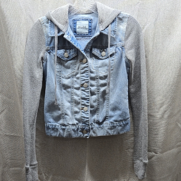 Jean Jacket, Denim, Knit Sleeves, Hooded, Slightly Ribbed Fabric, XS, Button Up - Picture 1 of 17